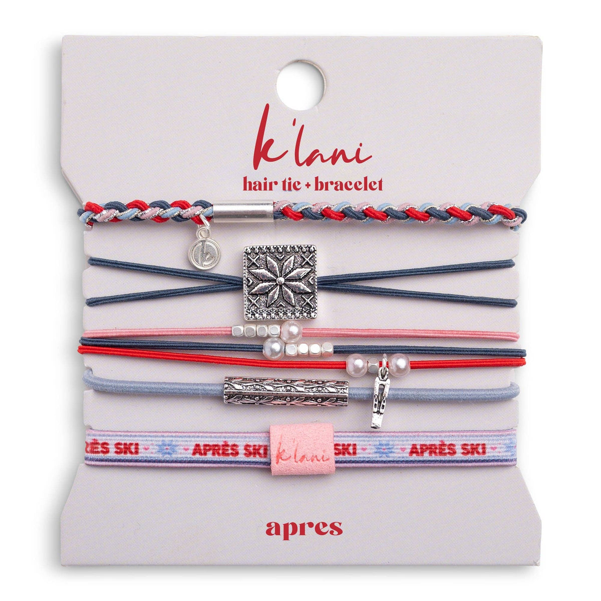 K'lani hair tie bracelets - "Aprés" Blue, Red & Pink with Silver Snow & Winter Accent Hair Tie Bracelets