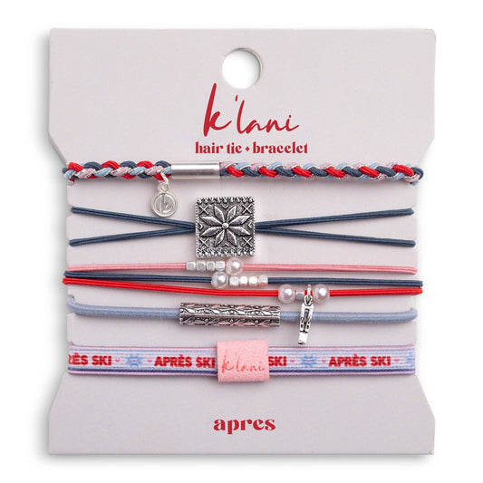 K'lani hair tie bracelets - "Aprés" Blue, Red & Pink with Silver Snow & Winter Accent Hair Tie Bracelets