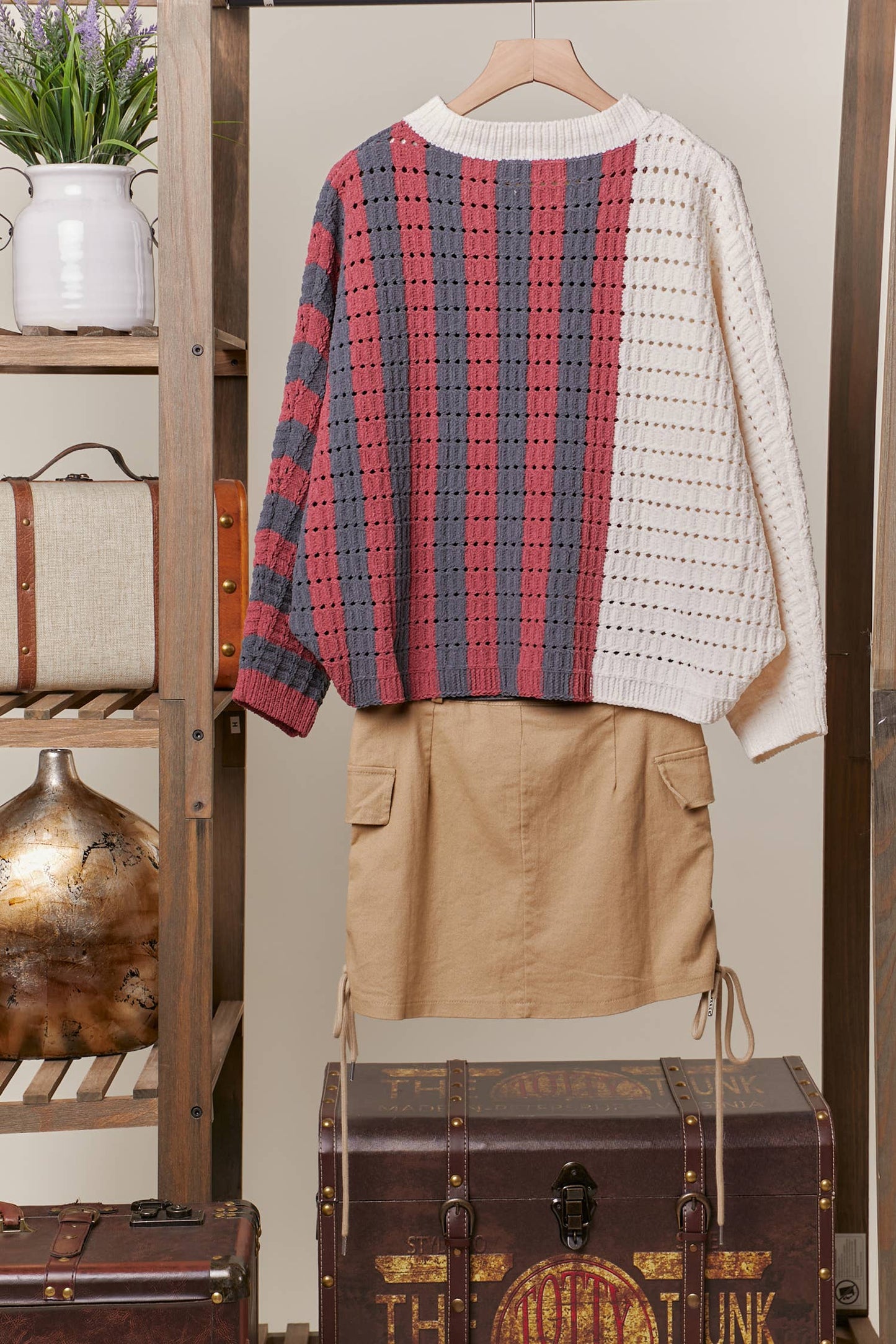 Mello. - Round Neck Color Block Striped  Sweater