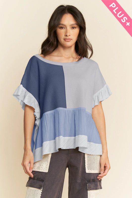 FINAL SALE-Plus Sweater Mix Patchwork Textured Ruffle Top