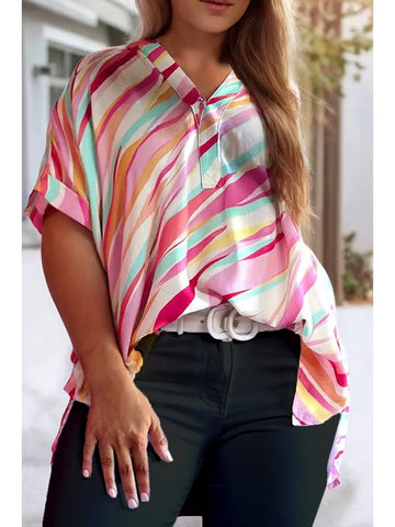 Abstract Print Short Sleeve Notched Neck Plus Size Top