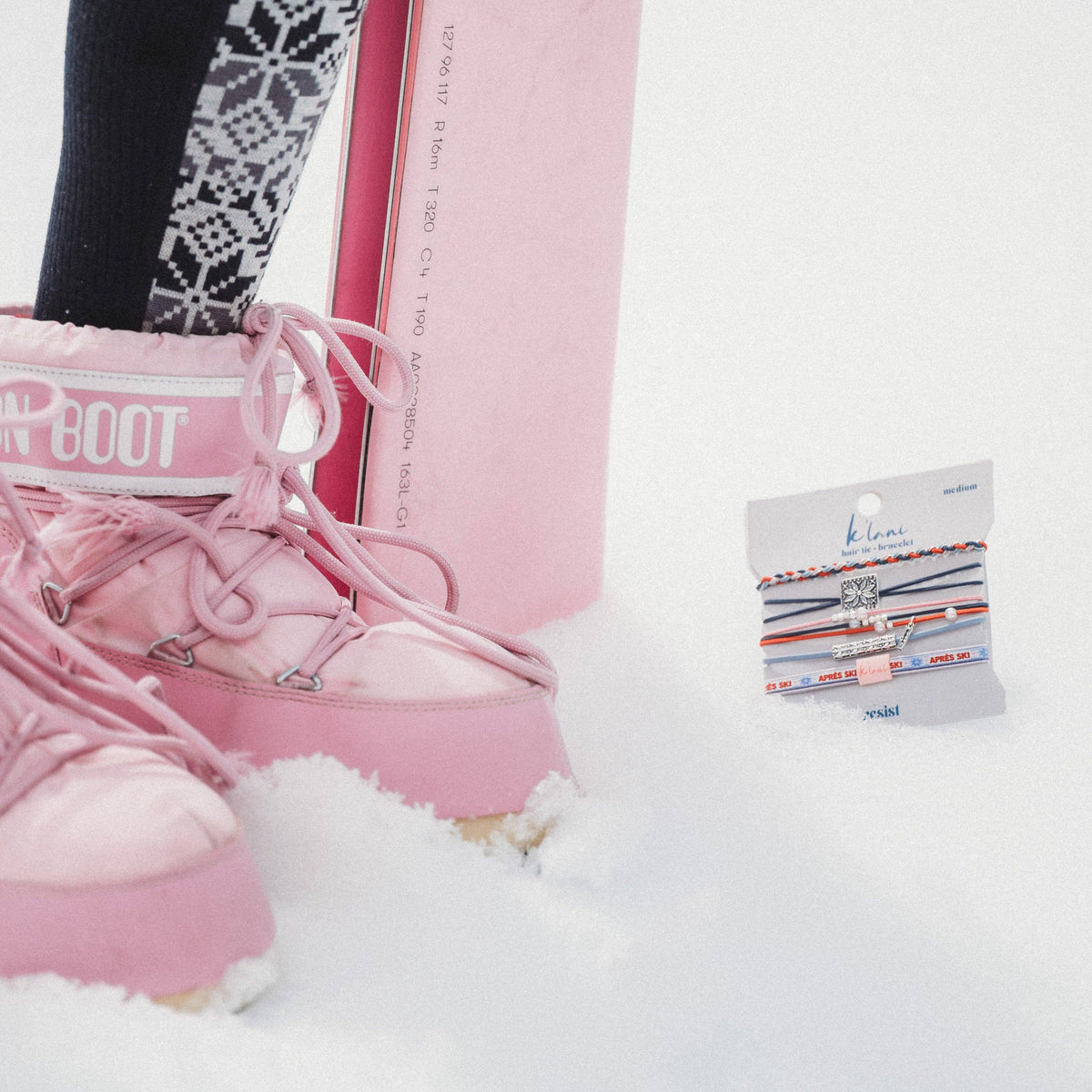 K'lani hair tie bracelets - "Aprés" Blue, Red & Pink with Silver Snow & Winter Accent Hair Tie Bracelets