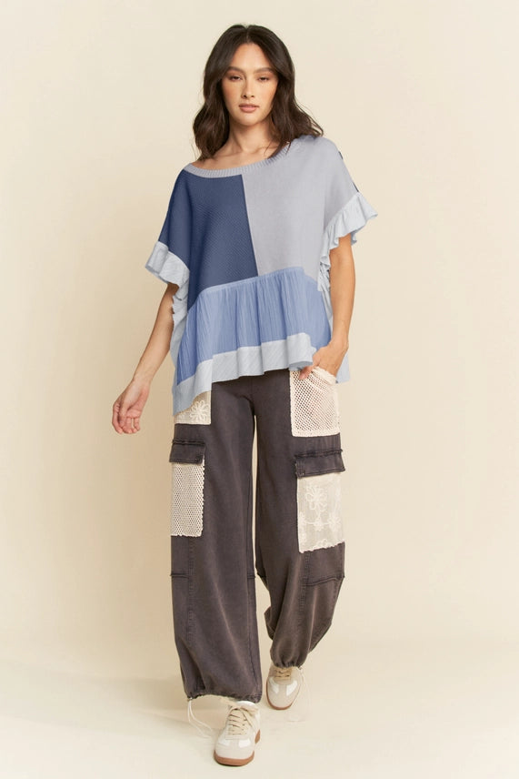 FINAL SALE-Plus Sweater Mix Patchwork Textured Ruffle Top