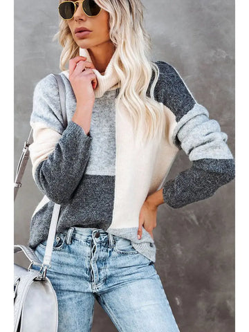 High Neck Color Block Oversized Sweater