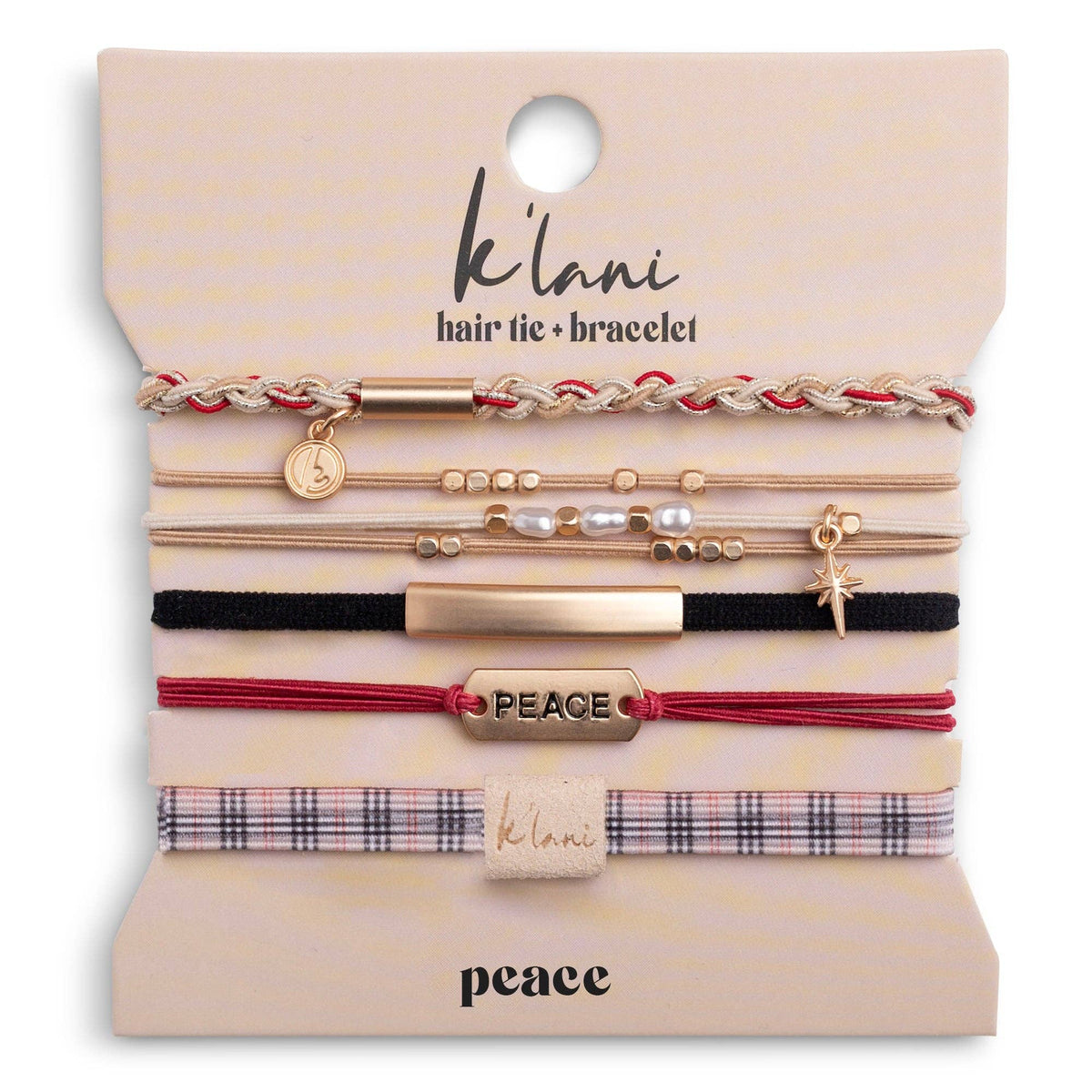 K'lani hair tie bracelets - "Peace" Holiday Red & Cream Plaid with Gold Accents Hair Tie Bracelets