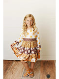 Kids Mustard Polka Dot Multi Print Long Sleeve Tiered Dress