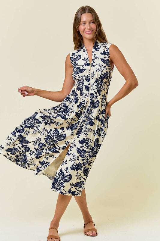 PAISLEY V-NECK SMOCKED WAIST ZIP FRONT MIDI DRESS - 28060D