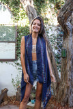 Geometric Embroidered Sleeveless Kimono Navy